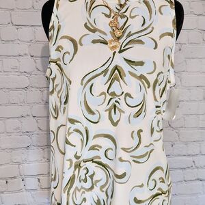 Vince Camuto White and Olive Patterned Tank Top